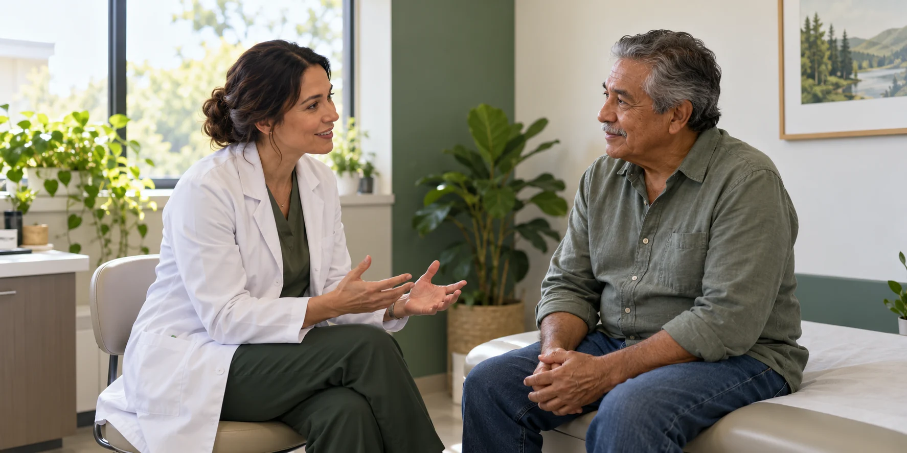 Illustrative scene of a clinician and patient speaking face to face